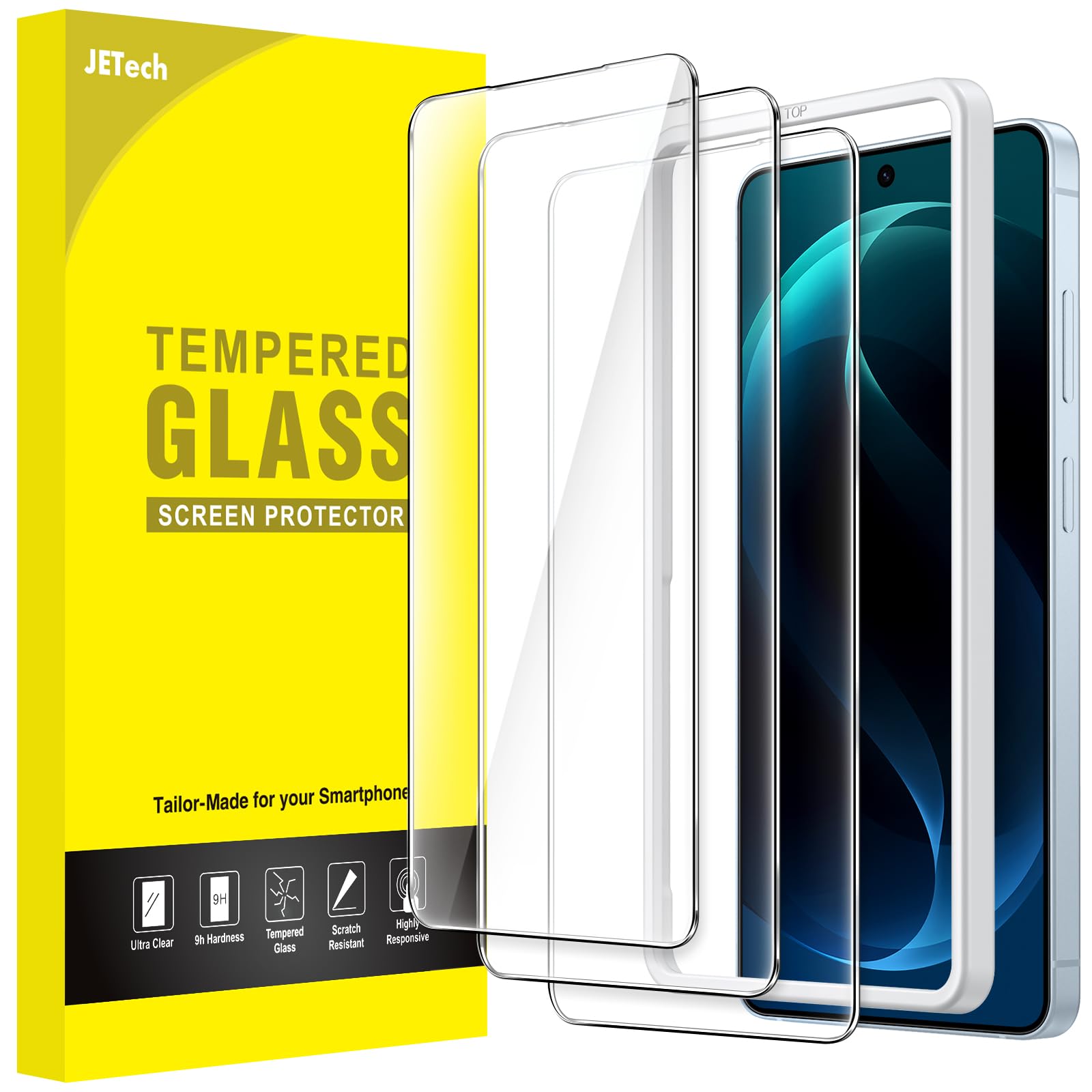 JETech Protector Pantalla para Samsung Galaxy S26, 3 Unidades | 9H Cristal Vidrio Templado, HD Claro, Protección Anti-Arañazos, Marco de Instalación Fácil