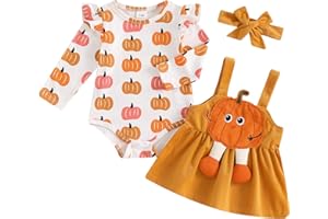 Siyova Baby Girl Halloween Outfits 3Pcs Long Sleeve Romper Pumpkin/Ghost Print Suspender Skirt Headband Clothes Set Costume Halloween Toddler Dress