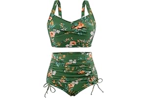 Vijamiy Women's Bikini Sets High Waisted Tummy Control Two Piece Adjustable Swimsuit Padded Push Up Halter Ruched Swimming Costumes Ladies Plus Size Beachwear Bathing Suits