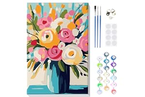 MOGTAA Kit per dipingere con i numeri, fiori in vaso, per adulti e principianti, con cornice, kit per dipingere con i numeri su tela, kit di pittura a olio fai da te per adulti, kit per pittura a olio