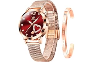 OLEVS Ladies Watches Rose Gold Stainless Steel Mesh Strap Heart Diamond Fashion Dress Japanese Quartz Waterproof Luminous Bracelet Sets