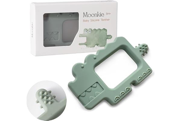 Moonkie Anneau Dentition Bebe, Jouet Dentition Bébé Silicone, Grignoteuse Bébé, Anneaux de Dentition sans BPA, Cadeau Naissance, Brosse a Dent pour Bébés 0-6 6-12 Mois(Crocodile Vert gris)
