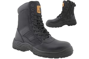 MAX STEEL Mens Leather Lightweight Safety Steel Toe Cap Army Military Patrol Black Combat Work Zip/Lace Up Boots Cadet Security Shoes Sizes