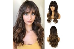 Esmee Perruque marron foncé pour femmes de 24 pouces avec frange, longue vague naturelle, perruque synthétique résistante à la chaleur