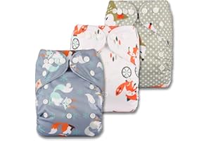 Littles & Bloomz, Reusable Pocket Cloth Nappy, Fastener: Popper, Set of 3, Patterns 309, with 3 Bamboo Charcoal Inserts