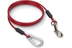 Leash Boss Hunde-Auslegekabel – 1,5 m robuster Haltegurt für große Hunde – Rot, PVC-beschichteter Stahl, kaufest, Hundeleine für Hof, Camping und Training