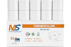 ‎MULTI-SHOPPING 50x Kassenrollen/Thermorollen/Bonrollen 80mm x 80m x 12mm Bpa frei 55g/ für alle gängigen Thermo Kassen-Bondrucker B: 80mm x L: 80m Ø80mm