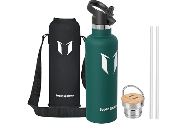 Sparrow Botella Agua Acero Inoxidable 1L - Botella Termica con Pajita | Sin BPA & Fugas, Lavavajillas, Deporte, Gimnasio, TwistTrail Cantimplora Termica Tapa Pajita, Tapa Asa & Funda