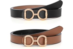 LEACOOLKEY Women Reversible Leather Belt for Jeans Pants Fashion Two-In-One Gold Buckle Ladies Dress Belt