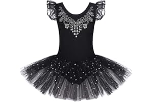 Bricnat Vestito da balletto da ragazza, con brillantini, a maniche lunghe, per bambini, a maniche corte, in cotone, con strass e paillettes