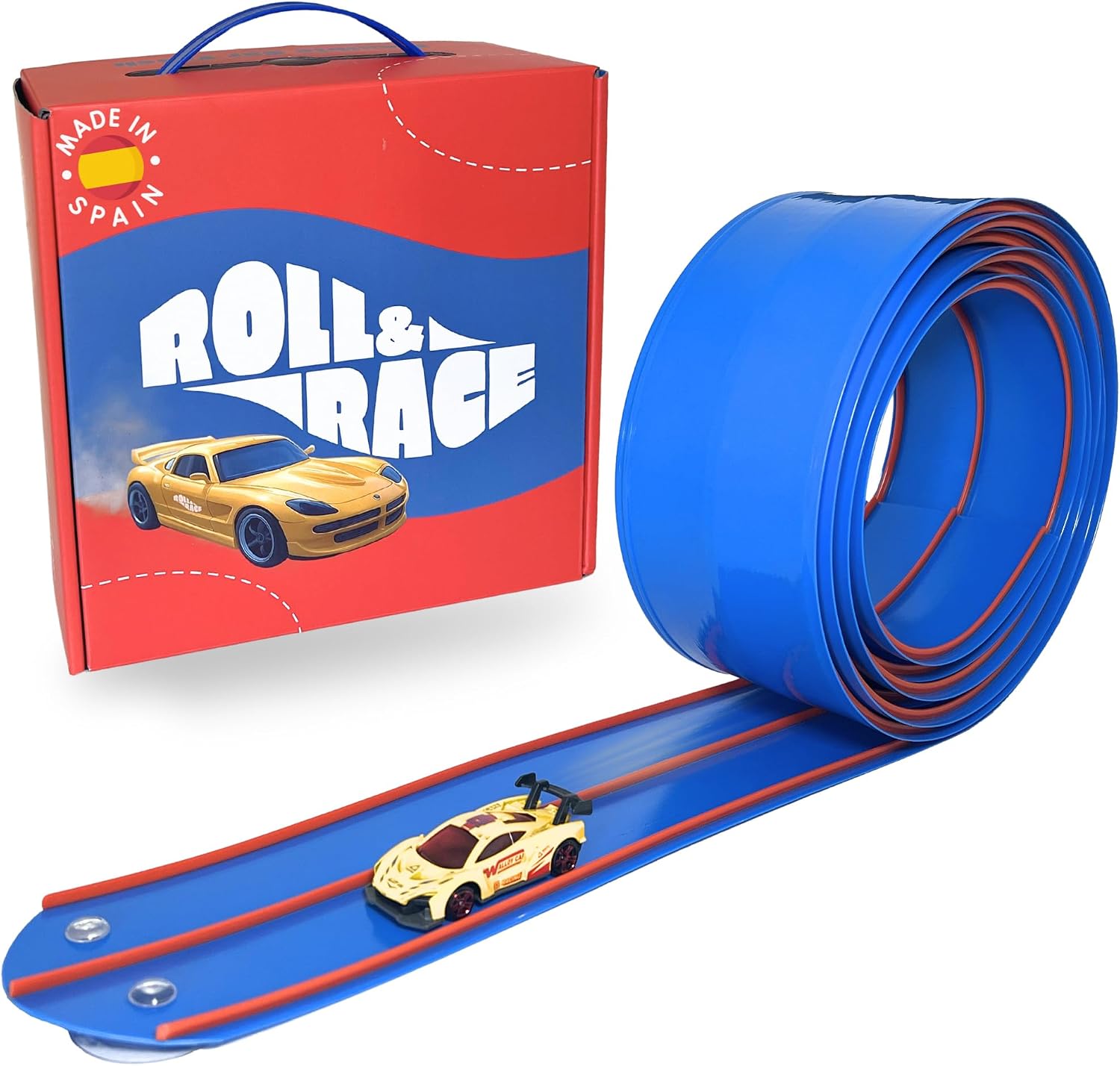 Roll&Race Pista de Coches Flexible y Enrollable 400cm – Fabricado en España - Circuito de Carreras de Goma - Flexible Car Track - Juguete Regalo Niño - Race Cars Wheels - Rampas para Coches