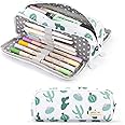Orchid M®2024 Large Pencil Case Big Capacity 3 Compartments Canvas Pencil Pouch for Teen Boys Girls School Students (Green Cactus)