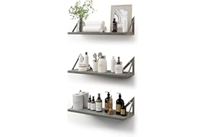 CASSA HOME DECOR CASSA Wall Mounted Floating Book Shelves for Wall Set of 3, Grey Shelf Bookshelf for Bedroom Living Room Office Bathroom Kitchen Rustic Wood with Metal Bracket