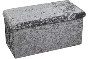 HomeHarmony® Crushed Velvet Quilted Top Folding Storage Ottoman Seat, Stool, Toy Storage Box (Silver Large)