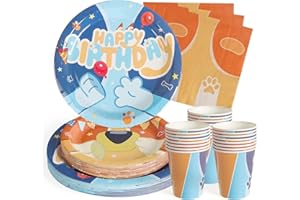PARTY GO Set di stoviglie per feste, 96 pezzi, colore blu, cartone animato per il compleanno dei bambini, con piatti di carta, tovaglioli, posate per compleanni, matrimoni, baby shower, 24 ospiti
