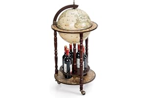 KOMFOTTEU Botellero Bar Globo Terráqueo con Ruedas, Soporte para Botellas de 2 Niveles, Carrito de Bar de Madera, Mueble Minibar para Bebidas, para Restaurante, Fiesta (Beige, 45 x 45 x 88 cm)
