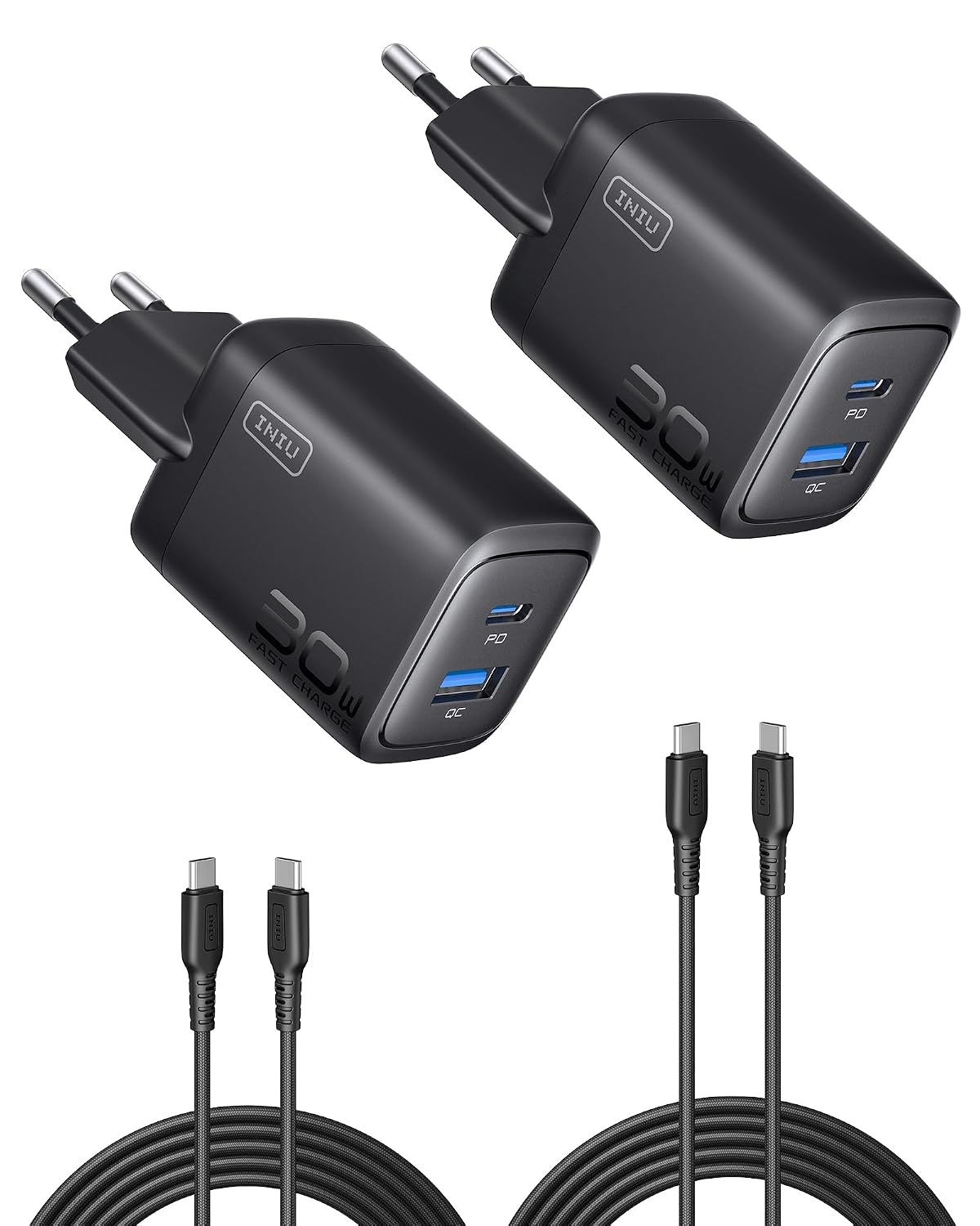 INIU 30W USB C Oplader, 2-pack Snellader met 1,5m 60W Kabel | Adapter met Dubbele poort en Intelligente Apparaatbeveiliging voor iPhone 17 16 15 iPad MacBook Samsung S26 S25 Xiaomi enz