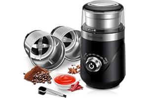Homtone Młynek do kawy, elektryczny młynek do przypraw, z timerem, regulowany stopień mielenia, młynek do kawy z dwoma wyjmowanymi pojemnikami ze stali nierdzewnej 70 g, cichy młynek do kawy 63 dB