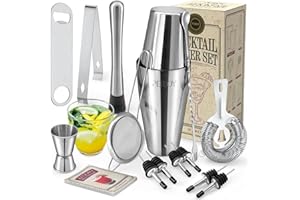 PERJOY 16pcs Cocktail Shaker, Coktailmixset, Cocktail Set Mit Einem Doppelten Jigger, Einer Eiszange, Cocktailshaker, Cocktail Mixen Mit Muddler, Flaschenöffner, Boston Shaker