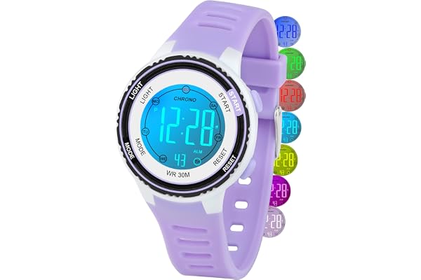 DTKID Montre Enfant Garcon Fille, Montre Digitale Enfant 7 Lumières Colorées, Chronomètre, Affichage de Date et Semaine, Mode 12/24H, 30M Étanche
