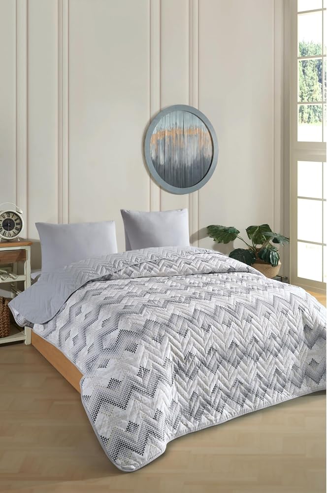Formeya Çift Kişilik Desenli Kapitone Çift Taraflı Renkli Pike Yatak Örtüsü Takımı 200x230 cm (Çarşafsız) (Gri)