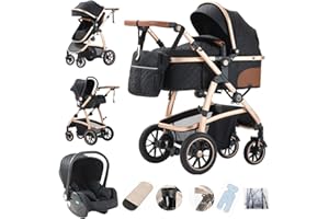 Gcarebb 3 in 1 Prams Travel System, Pushchair with Height Adjustable Handle, Travel Pram with Mosquito Net, Baby Stroller with Aluminum Frame for Newborn 0-4 Years