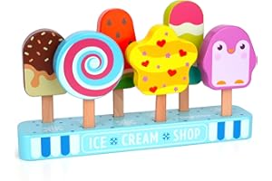 KIYTARBOO Lodziarnia drewniana zabawka dla dzieci od 3 lat, dla chłopców i dziewczynek, akcesoria kuchenne dla dzieci, drewniane akcesoria kuchenne do zabawy, sklep z lodami, zabawka Montessori