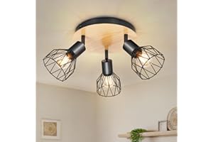 Kimjo Lampada Faretti LED da Soffitto Orientabili - Faretti da Soffitto Legno E14 - Lampadario Faretti da Parete Nero - Plafoniera LED Faretto 3 Luce per Cameretta Cucina Soggiorno Senza Lampadina