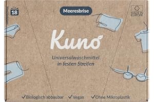 ‎KUNO Kuno Waschmittel Blätter - 18 Waschladungen - Papierverpackung - Made in EU - Nachhaltige Waschmittelstreifen - Reisewaschmittel - 100% Vegan und optimal für Reisen - 18 WL (Frische, 1, stück)