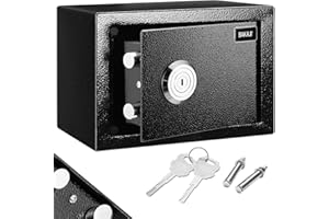 BAKAJI Coffre-fort de sécurité en acier avec clé à double serrure, boîte mécanique anti-effraction, résistante au feu avec 2 boulons pour fixation murale 23 x 17 x 17,3 cm