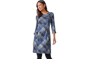 Roman Originals Shift Dress for Women UK - Ladies Print Winter Smart Work Office Casual Formal Party Comfortable Tunic 3/4 Sleeve Knee Length Plaid Smock