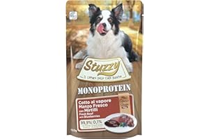 Stuzzy, Monoprotein Grain & Gluten Free, Cibo Umido per Cani Adulti con Manzo Fresco e Mirtilli Preparato in Patè - Totale 1,8Kg (12 Buste da 150G)
