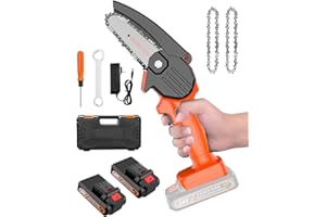 DDKJ Mini Chainsaw, 4-inch Cordless Electric Chainsaw, One-Handed Portable Battery Chainsaw with Safety Lock and 2*Batteries and 3*Chains, Suitable for Cutting Wood Trees Gardening Pruning