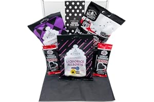 Inside the Box Gifts Coffret cadeau avec sélection de réglisse sans arômes artificiels, emballé à la main dans du papier de soie avec ruban à pois noirs