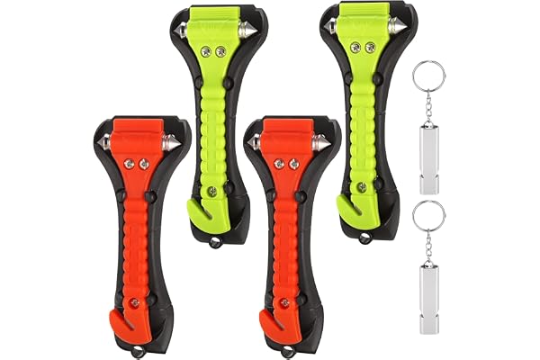 Fentar 4 Paquets 4 Coupe Ceinture Brise Vitre, 2 en 1 Marteaux de Secours pour Voiture, Marteau Brise Vitre Voiture, Coupe Ceinture Brise Vitre Kit d'urgence Automobile avec 2 Sifflet Arbitre