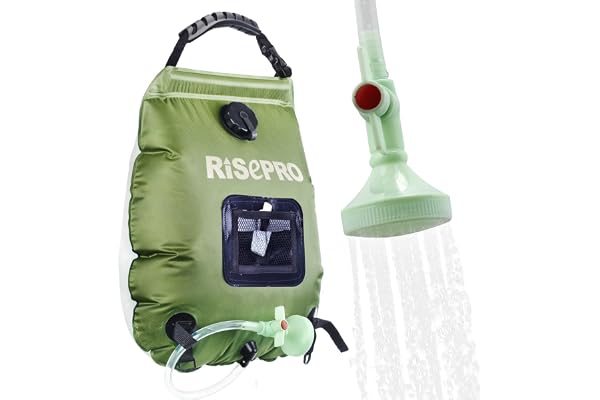 RISEPRO Solar duschväska, 20 l, campingväska för dusch med varmt vatten vid en temperatur på 45 C; avtagbart duschhuvud, flexibelt, på/av lämplig för camping