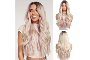 OUFEI Pink Highlight Ombre Pelucas Rubias para Mujeres Peluca Larga Rizada Pelo Sintético Resistente al Calor Pelucas para el uso diario del Cosplay del partido