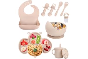 SOBEAU Piatti per bambini, set di posate per bambini da 10 pezzi, ciotola, bavaglino, cucchiaio, forchetta, tazza per bambini 2 in 1, tazza per merenda, tettarella per frutta (Beige)
