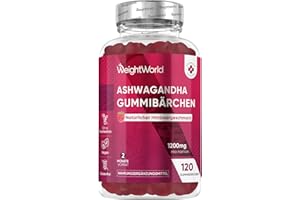 ‎WEIGHTWORLD Ashwagandha Gummies - 1200mg pro Portion - 120 Vegane Gummibärchen - 2 Monate Vorrat - Natürlicher Himbeergeschmack - Alternative zu Ashwagandha Kapseln - Täglich 2 Gummibärchen - WeightWorld