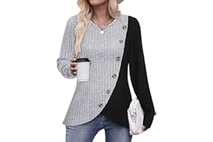 Flikity Ladies Jumpers Casual Crew Neck Tops Womens Long Sleeve Tops Buttons Side Tunic Sweatshirts Pullover Lightweight Sweaters Spring Autumn Winter Clothes S-3XL