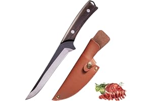 Fubinaty Couteau de cuisine Couteau à désosser forgé à la main en acier à haute teneur en carbone Couteau de chasse Full Tang Couteau de cuisine en plein air avec étui en cuir et manche en bois