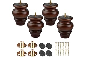 Btowin 4 inch Solid Wood Furniture Legs, 4Pcs Glaze Turned Wooden Bun Feet with Threaded 5/16'' Hanger Bolts & Mounting Plate & Screws for Sofa Cabinet Ottoman Loveseat Recliner