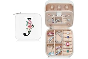 JEKUGOT Personalised Travel jewellery box,Alphabet Jewellery Organiser,Small Travel Jewellery Storage Case with Mirror,Portable Jewellery Box,Birthday Gift for Women,Mothers Day Valentines Day Gift(J)