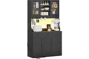 KIMENICH Credenza, Credenza Cucina con LED, Presa Elettrica, Ripiani Regolabili, Mobile Buffet con Cassetti, Armadio da cucina, Piano di Lavoro, Grande Spazio, Cucina, Sala da Pranzo, 103.5*40*180 cm, Nero