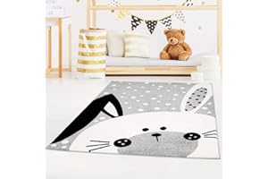 carpet city - Tappeto per bambini Bubble Kids a pelo piatto, coniglio con orecchie di leone, a pois bianchi in grigio, per cameretta dei bambini, dimensioni: 140 x 200 cm, 140 x 200 cm