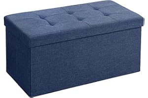 BRIAN & DANY Folding Linen Storage Boxes Footstool Ottoman, Foot Rest Stool, Foldable Seat Bench Footrest - Navy Blue, 76 x 38 x 38 cm
