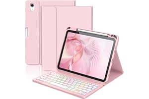 KBCASE Coque Clavier pour iPad A16 11/10 Ème Generation (11 Pouces 2025/10.9 Pouces 2022) Étui Keyboard Bluetooth pour iPad 10eme/11eme avec 7 Couleurs Rétroéclairées,Porte Crayon,AZERTY Français,Rosa