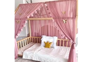 Baby Fancyroom Ciel de lit de Maison, décoration pour Chambre d'enfant, lit d'enfant, baldaquin, Guirlande de Pompons en Tulle de qualité supérieure (Vieux Rose, 340cm, +5 Papillons Dores)