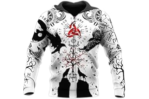 KEWING Sweat à Capuche zippé Viking pour Hommes mythologie Nordique Viking Tatouages Sweat imprimé Unisexe Pull zippé Veste Cardigan décontractée avec Poches