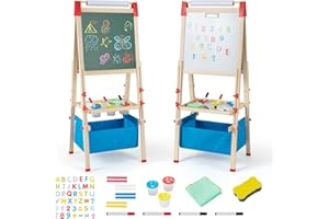 Maxmass 3-in-1 Kids Art Easel, Height Adjustable Children Painting Easel with Removable Storage Bag, Paper Roll and Accessories, Double Sided Chalkboard & Whiteboard for Toddlers